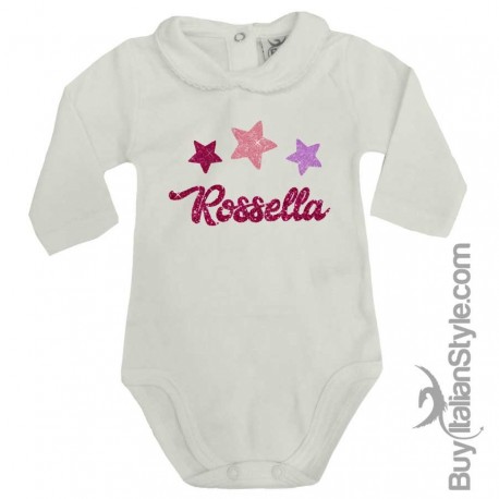 Body colletto neonata manica lunga Stelline e nome GLITTER