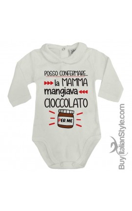 Body colletto neonata manica lunga "Posso confermare, la mamma mangiava cioccolato per me"