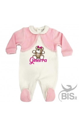Tutina in ciniglia neonata bianca e rosa personalizzabile con orsetto