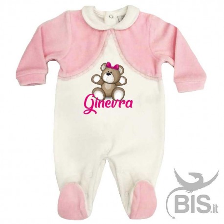 Tutina in ciniglia neonata bianca e rosa personalizzabile con orsetto