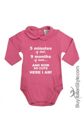 Body colletto neonata manica lunga "5 min di papà 9 mesi di mamma ed eccomi qua!"