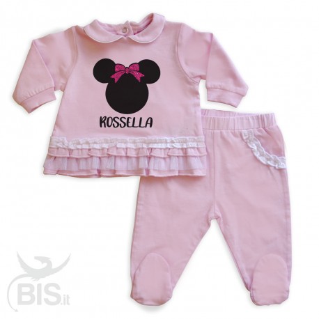 Completo Clinica in jersey "Topolino + nome" con fiocco glitterato