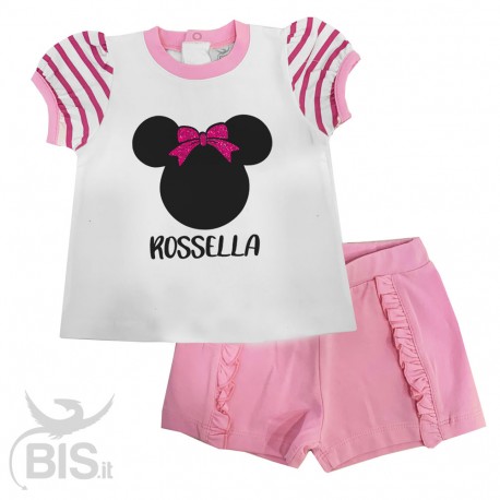 Completo estivo bimba "minnie con fiocco in glitter e nome da personalizzare"