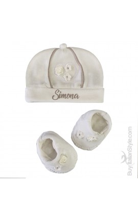 Kit ciniglia neonata cappellino e scarpine con fiori applicati da personalizzare