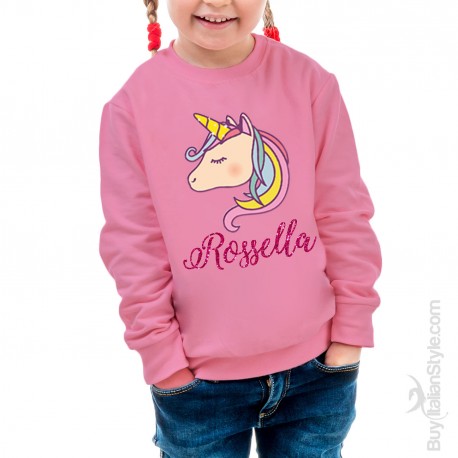 Felpa Bimba con stampa "Unicorno e nome" in glitter