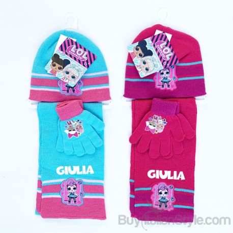 Kit sciarpa, cappellino e guanti bimba "LOL + nome"