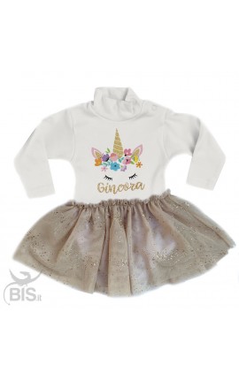 abitino neonata con gonna in organza "Unicorno + nome"