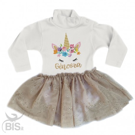 abitino neonata con gonna in organza "Unicorno + nome"