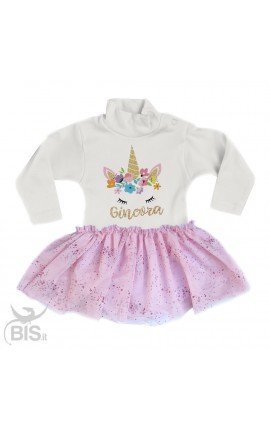 abitino neonata con gonna in organza "Unicorno + nome"