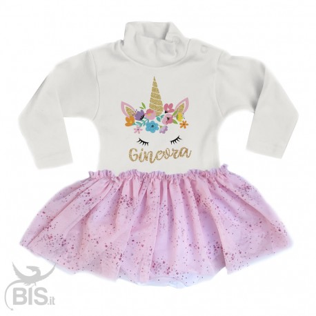 abitino neonata con gonna in organza "Unicorno + nome"