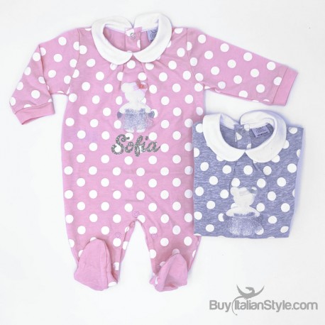 Tutina neonata a pois con nome in glitter