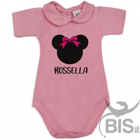 Body neonata colletto personalizzabile "Topina con nome" e fiocco in glitter