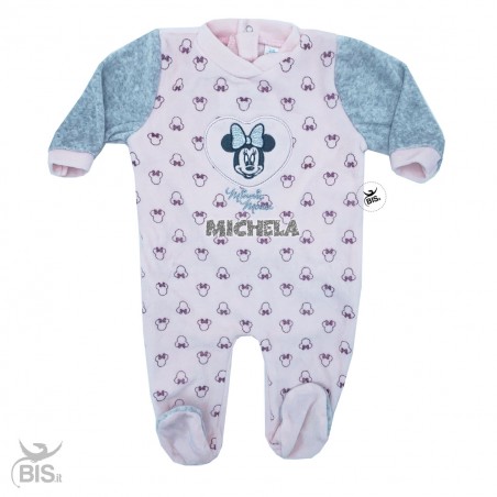Tutina in ciniglia, originale Disney con disegno Minnie e nome in glitter