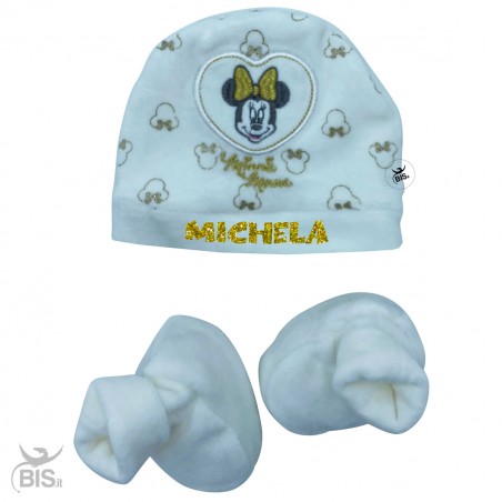 Kit cappellino e scarpine neonata in ciniglia "Minnie" con nome in glitter
