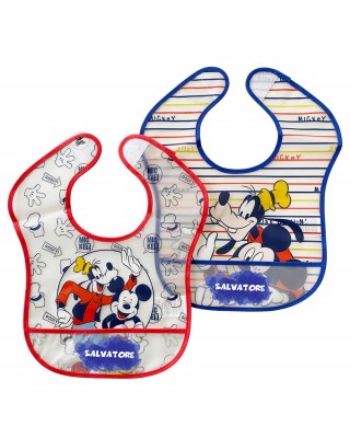 Coppia bavaglini in plastica "Topolino e Pluto + nome"