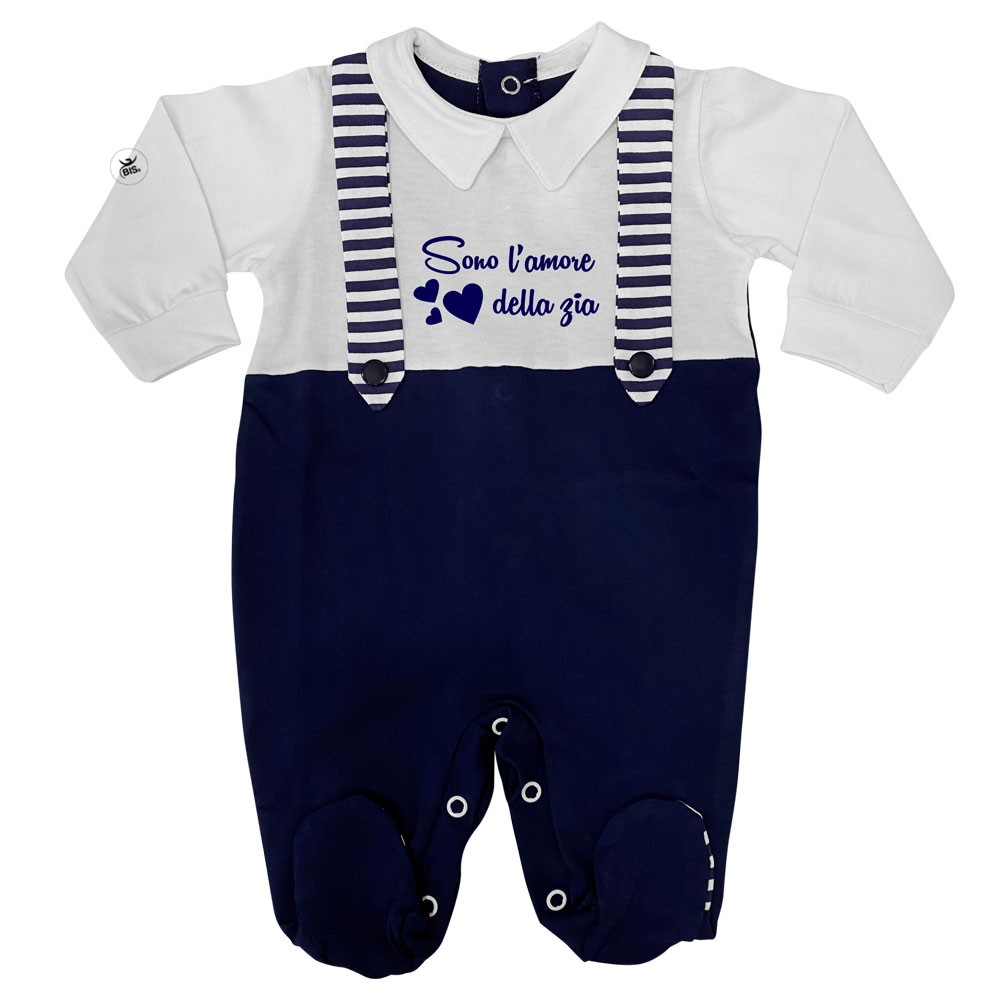 Long-sleeve romper with striped braces "I am aunt's love!"