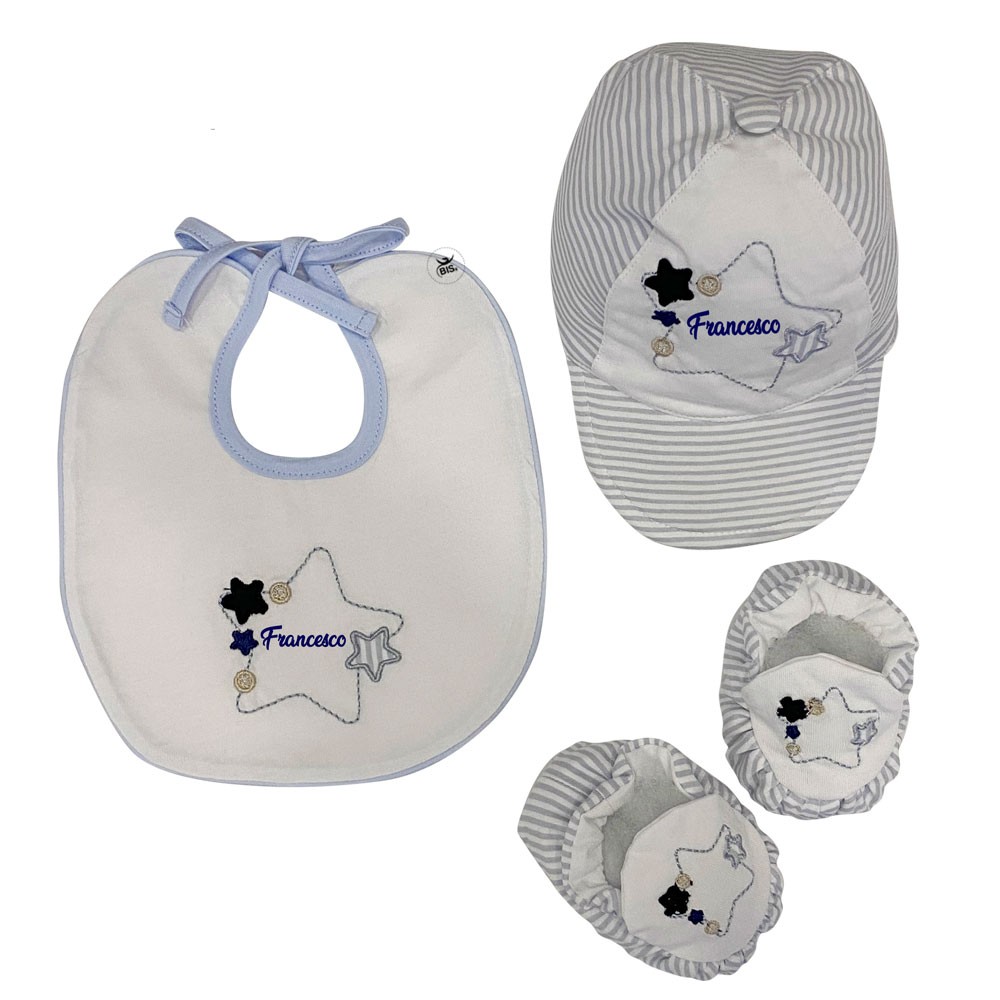 Customizable Newborn summer hat, bib and cradle shoes