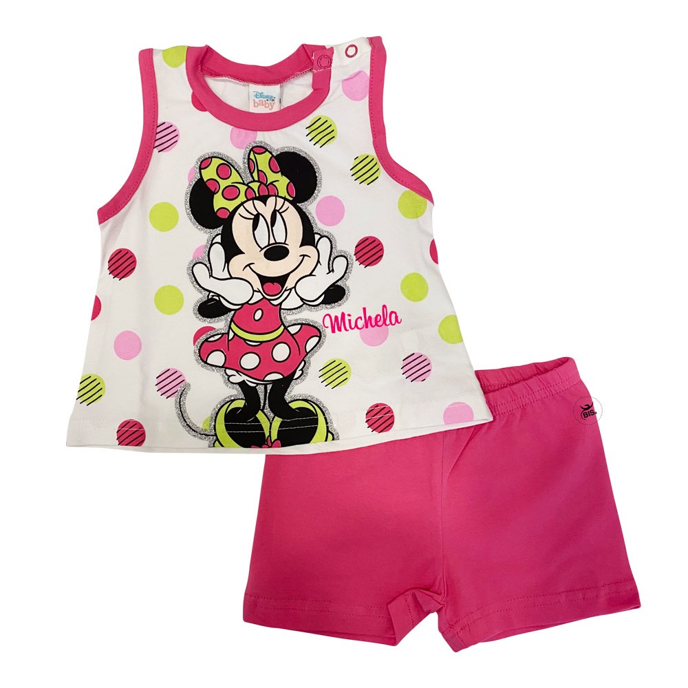 Completino estivo Minnie con stampa glitterata fuxia