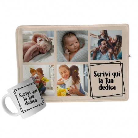 Kit regalo Tovaglietta in tessuto + Tazza   da personalizzare con 5 foto e dedica