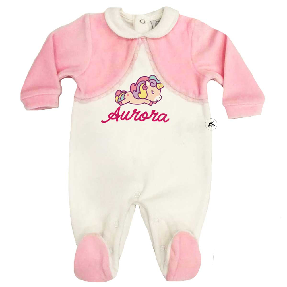 Tutina neonata in ciniglia con stampa Baby Unicorn