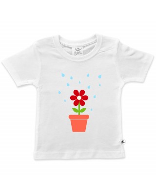 t-shirt bimba stampa fiorellino che viene annaffiato dai genitori