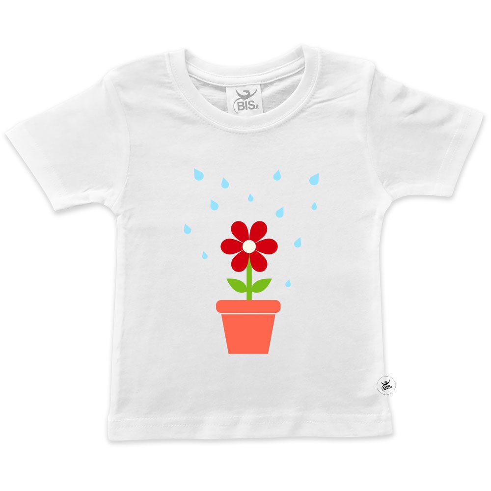 t-shirt bimba stampa fiorellino che viene annaffiato dai genitori