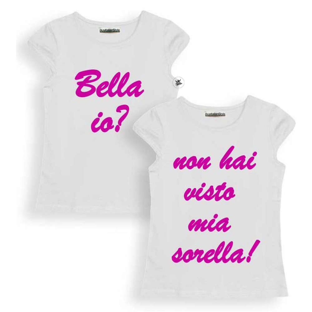 Pack 2 t-shirt manica corta per gemelli  "Bello/a io? Devi vedere mio fratello/sorella"