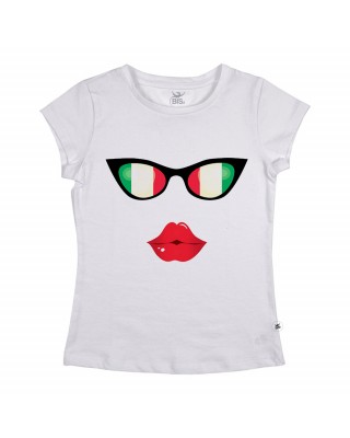 T-shirt donna mezza manica con OCCHIALI con bandiera e KISS