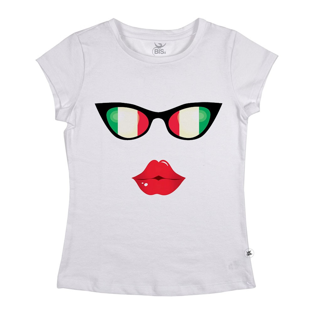 T-shirt donna mezza manica con OCCHIALI con bandiera e KISS