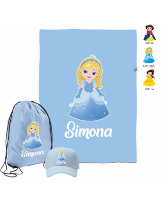 Kit telo mare, cappellino e sacca "Principesse" azzurra