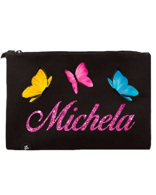 Pochette tela Personalizzabile "farfalle e nome" nero