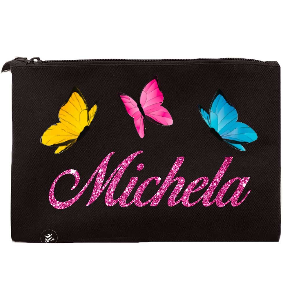 Pochette tela Personalizzabile "farfalle e nome" nero