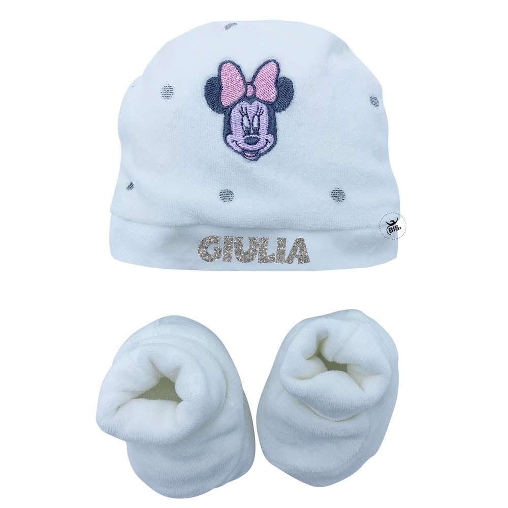 Kit cappellino e babbucce neonata "Minnie" bianco