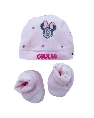 Kit cappellino e babbucce neonata "Minnie" rosa