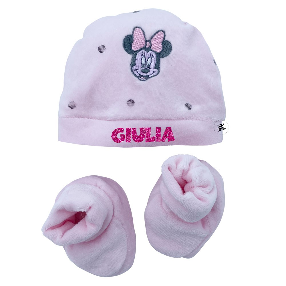 Kit cappellino e babbucce neonata "Minnie" rosa