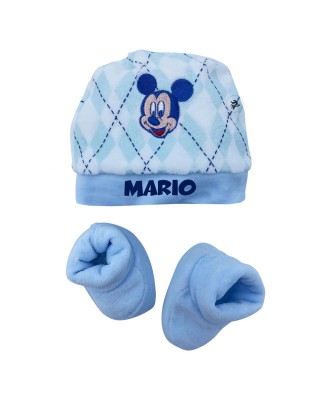 Kit cappellino e babbucce neonato "Topolino" azzurro