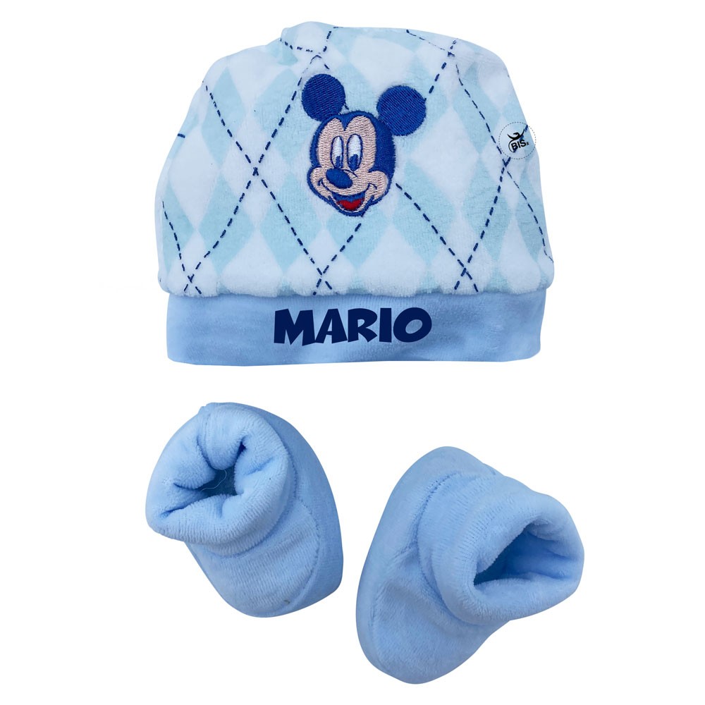 Kit cappellino e babbucce neonato "Topolino" azzurro