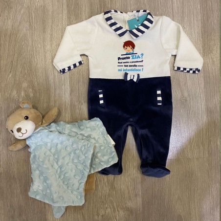 Tutina in ciniglia con colletto e fiocchetto blu