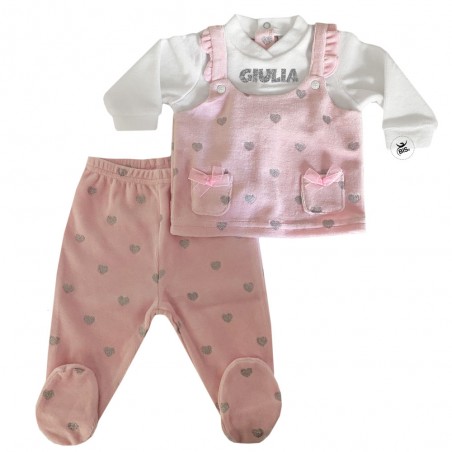 Completo clinica in ciniglia con cuoricini e nome in glitter