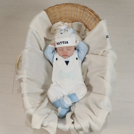 tutina e cappellino in ciniglia azzurra con ricamo pinguino
