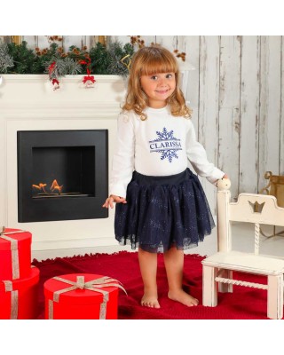 outfit natalizio bambina, maglietta stampa glitter con nome e gonna glitterata blu