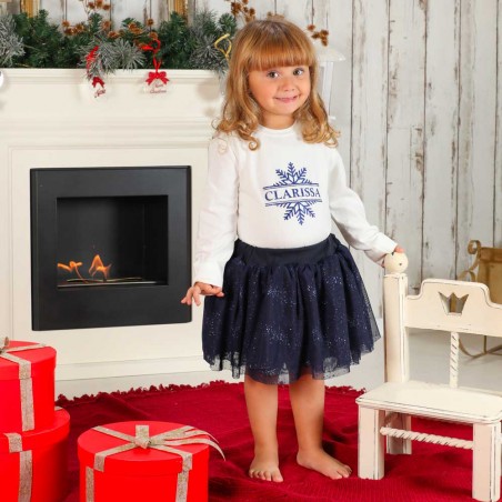 outfit natalizio bambina, maglietta stampa glitter con nome e gonna glitterata blu