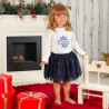 outfit natalizio bambina, maglietta stampa glitter con nome e gonna glitterata blu