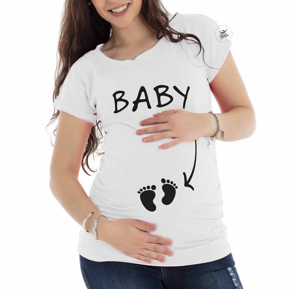 t-shirt mezza manica premaman scritta baby e disegno freccia che indica i piedini del neonato nel pancione