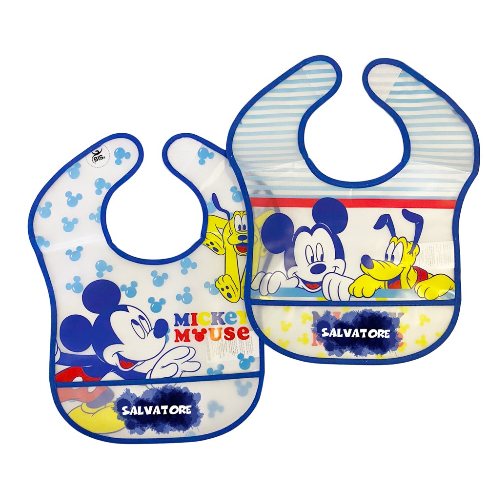 Coppia bavaglini in plastica "Topolino + nome"