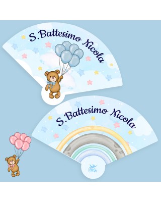 ventaglio di carta personalizzabile per battesimo a tema orsetto che vola con i palloncini