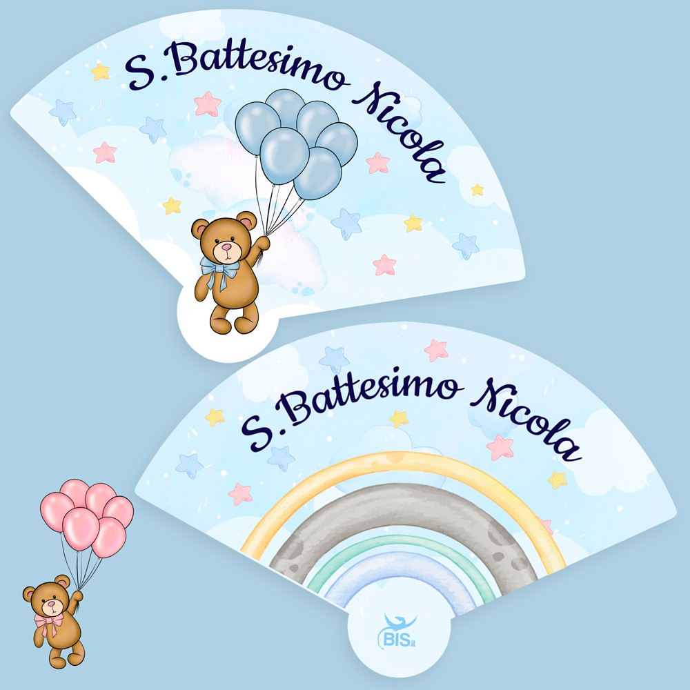 ventaglio di carta personalizzabile per battesimo a tema orsetto che vola con i palloncini
