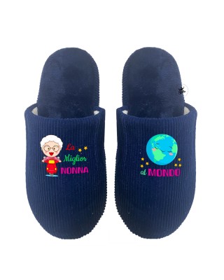 Pantofole effetto velluto "La migliore Nonna del Mondo" blu