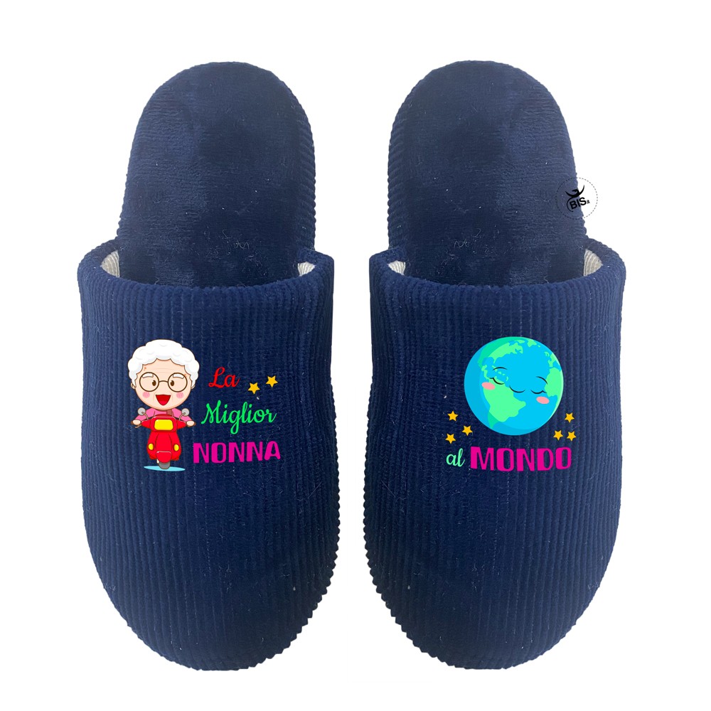 Pantofole effetto velluto "La migliore Nonna del Mondo" blu