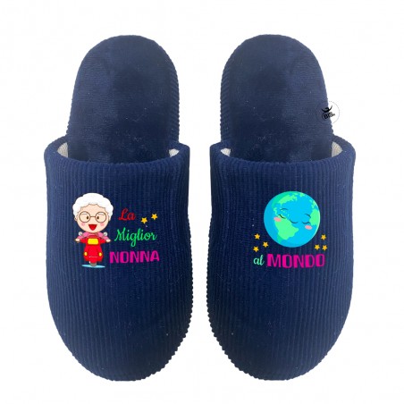 Pantofole effetto velluto "La migliore Nonna del Mondo" blu